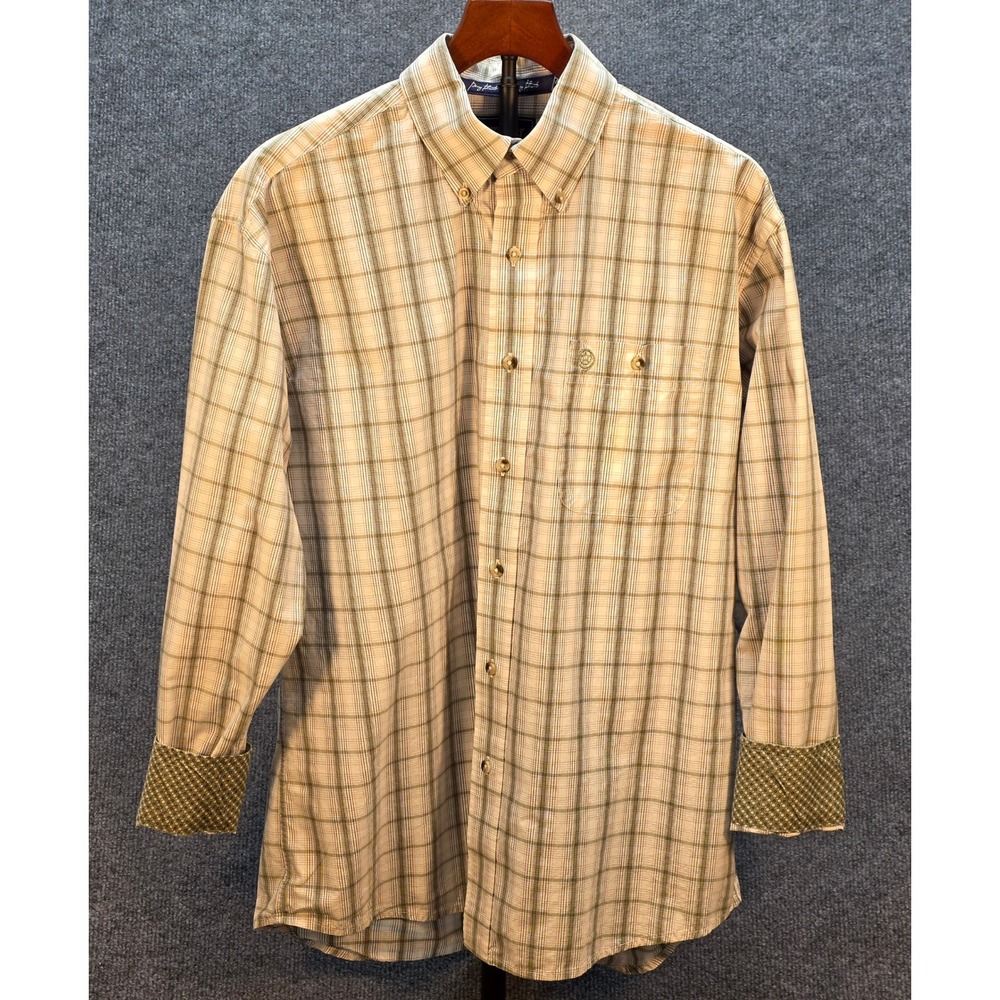 Wrangler George Strait Shirt Men Plaid Button Down Tan Green M Excellent Western